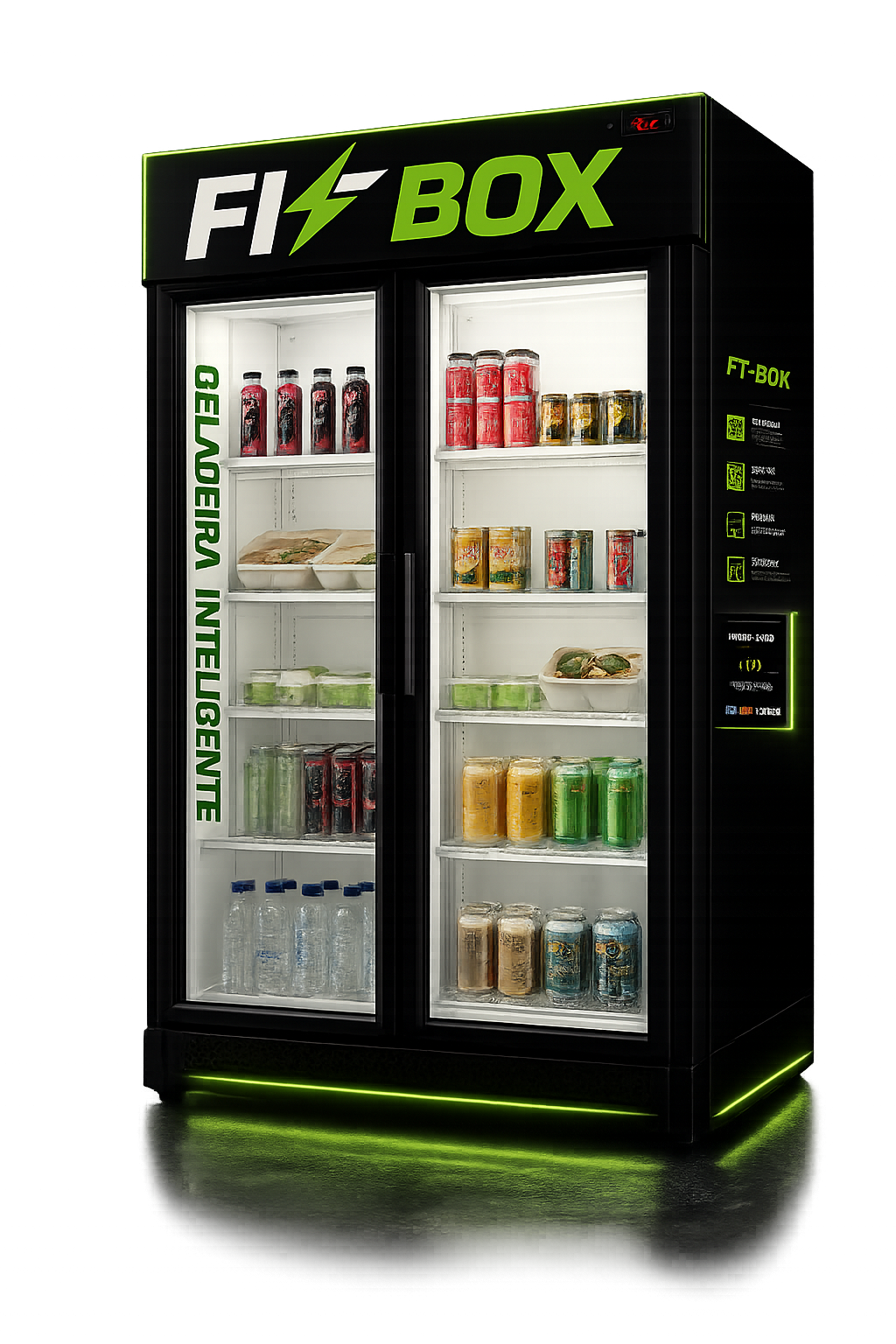 Geladeira inteligente FITBOX abastecida com bebidas e alimentos